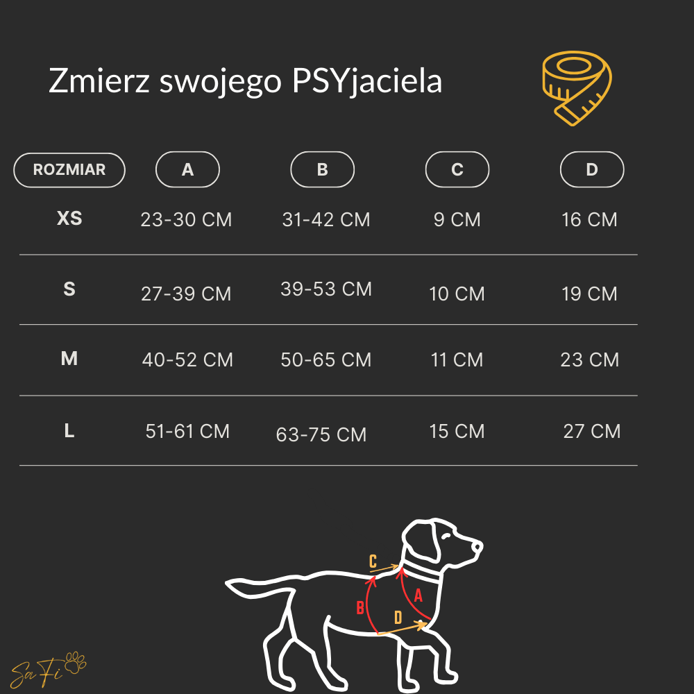 Szelki bezuciskowe wodoodporne dla psa - tabela rozmiarów